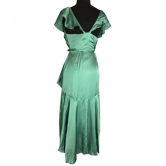Anthropologie Green Satin Ruffle Wrap Coquette Feminine Midi Maxi Dress XXS NWT - Picture 9 of 12